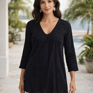 Johnny Was Biya embroidered v-neck peasant black tunic